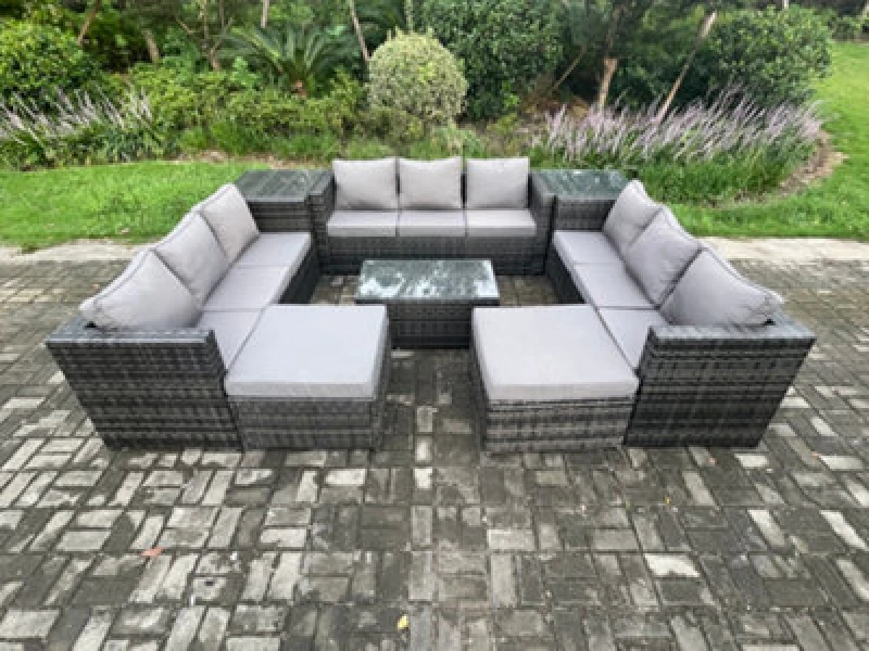 Image of Fimous Outdoor Lounge Sofa Set Wicker PE Rattan Garden Furniture Set with Oblong Coffee Table 2 Side Tables 2 Big Footstool 11Seater Dark Grey