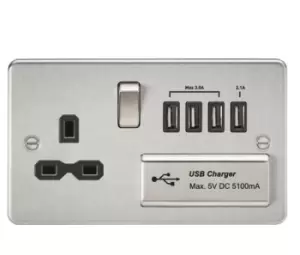 Image of KnightsBridge Flat plate 13A switched socket with quad USB charger - brushed chrome with Black insert