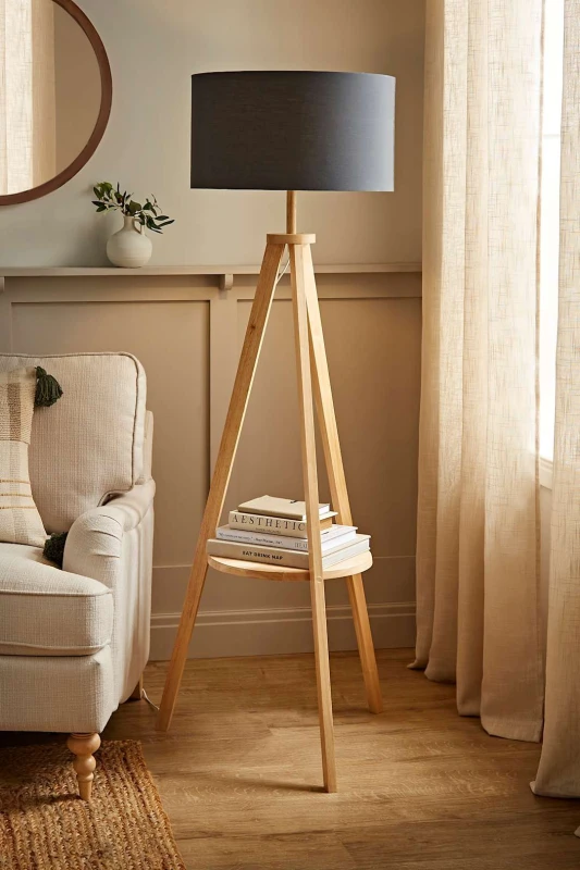 Image of ValueLights ValueLights Morrigan Natural Wood Tripod Floor Lamp with Fabric Drum Lamp Shade in Charcoal Charcoal One Size Unisex 5059406035135