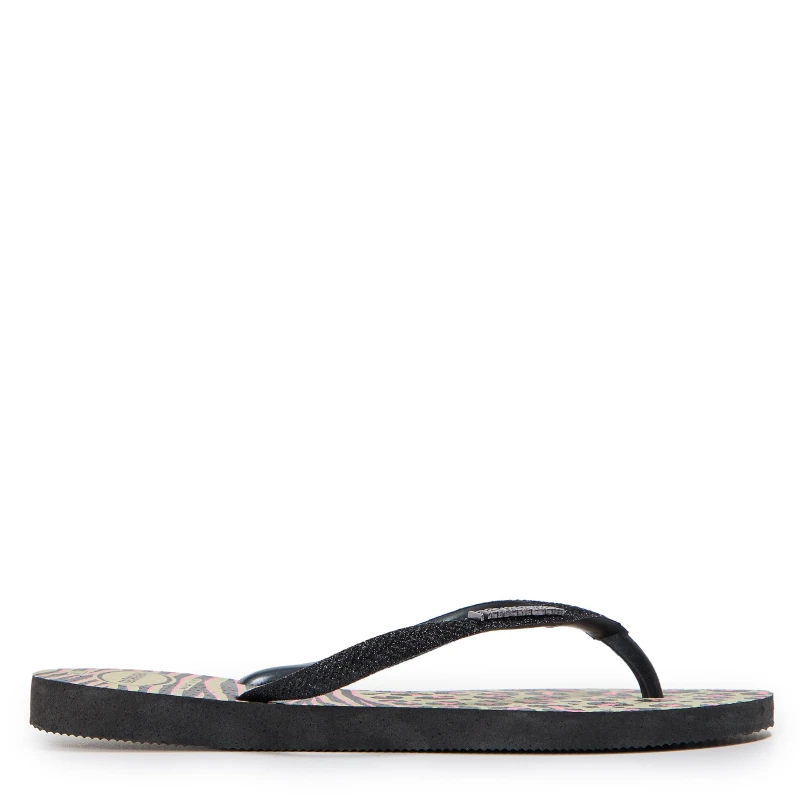 Image of Havaianas Womens Slim Animals Mix Black/Gold Flip Flops Black/Grey female 3/4