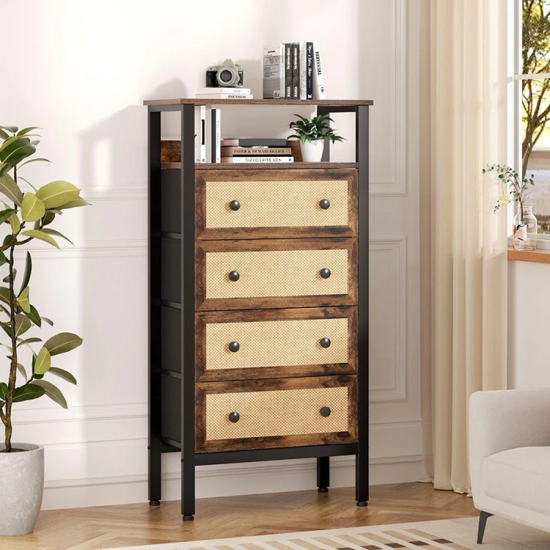 Image of Kabinet UK 4-Drawer Rustic Rattan Storage Cabinet with Shelf Natural unisex One size