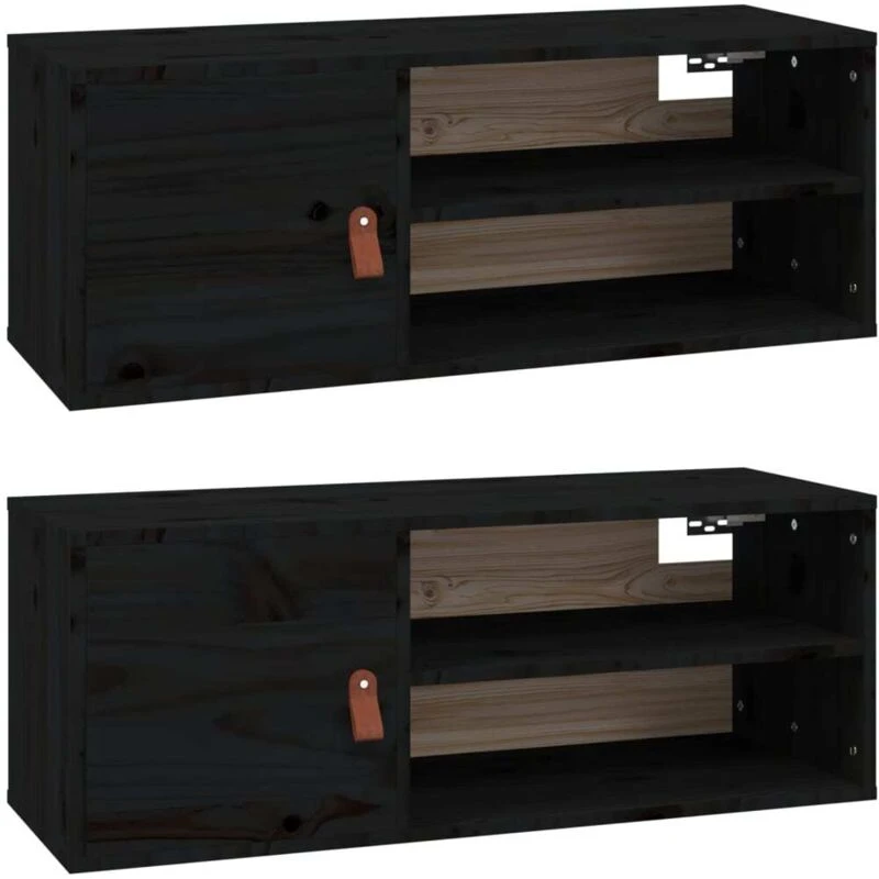 Image of Vidaxl Wall Cabinets 2 Pcs Black 80X30X30 Cm Solid Wood Pine, Black 818394