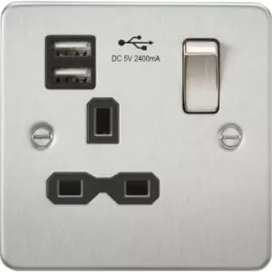 Image of Knightsbridge - Flat plate 13A 1G Switched Socket with dual usb charger (2.4A) - Brushed Chrome with Black Insert 230V IP20