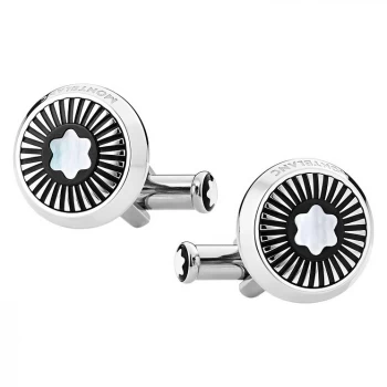 Image of Mont Blanc - Round Cufflinks In Stainless Steel With Ray Pattern And Mother-of-pearl Snowcap Emblem - Cufflinks - White