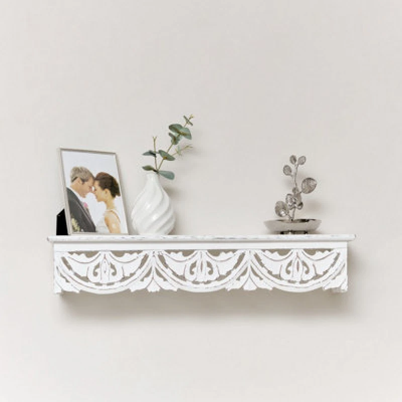 Image of Melody Maison White Wooden Carved Boho Wall Shelf - 60cm White unisex