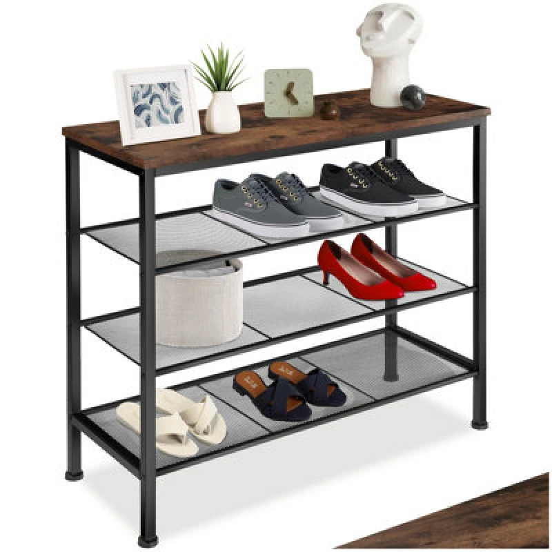 Image of Tectake Shoe Rack Newport - Surface Shelf And 3 Grid Shelves, Industrial Style - Industrial Wood Dark, Rustic
