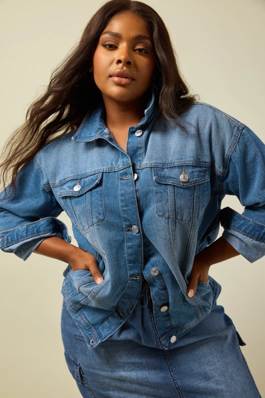 Image of Yours Womens Washed Oversized Denim Jacket in Mid Blue Size: 30-32 Mid Blue Female 30-32