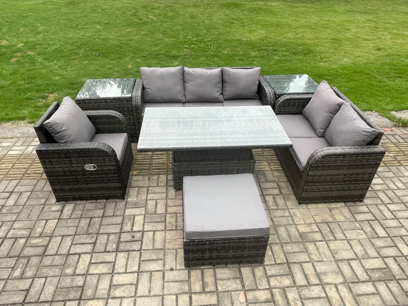 Image of Fimous Outdoor Rattan Furniture Garden Dining Set Patio Height Adjustable Rising lifting Table Reclining Chair Sofa With 2 Side Tables Dark Grey unise