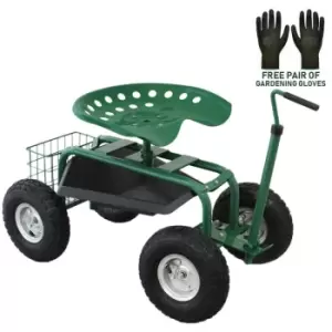 Image of Wheeled Garden Cart Seat Heavy Duty Swivel Mobile Tool Tray Utility Basket Gardening Landscape Weeding Outdoor Work Stool - Green