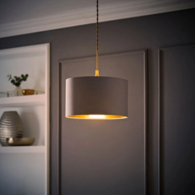 Image of ValueLights ValueLights Reni Grey Fabric with Metallic Gold Inner Pendant Ceiling Lamp Shade and Bulb Size: 6" Grey 6" Unisex 5059406062