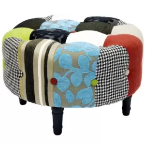 Image of Techstyle Plush Patchwork Round Pouffe Padded Footstool With Wood Legs Blue / Green / Red