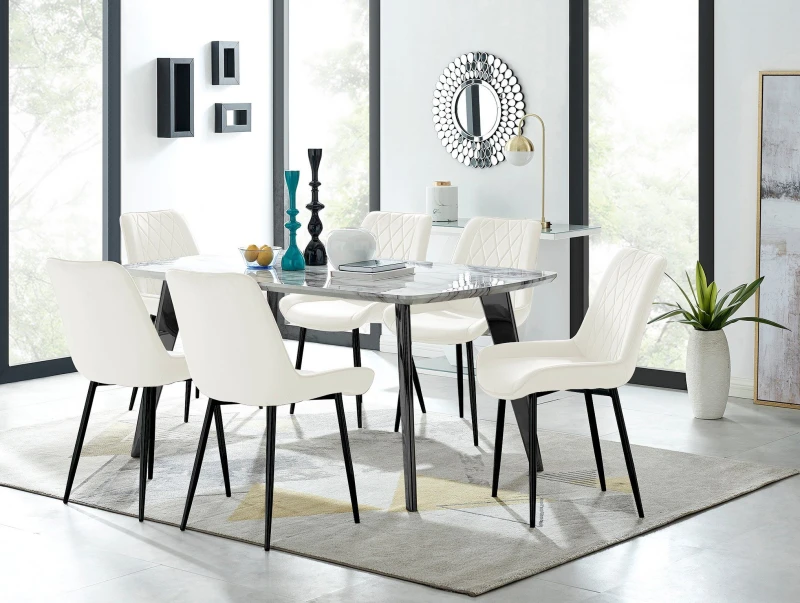 Image of FurnitureboxUK FurnitureboxUK Andria White Marble Effect & Black Leg 6 Seater Dining Table and 6 Pesaro Soft Velvet Chairs in Cream Cream One Size Uni