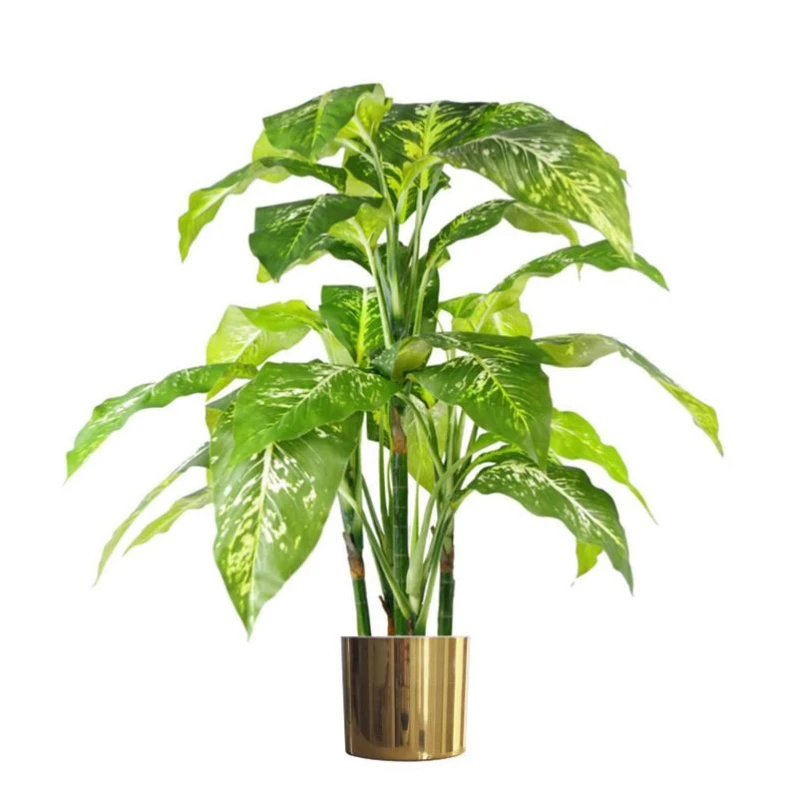 Image of Leaf 100cm Large Fox's Aglaonema Realistic Tree Artificial Plant with Gold Metal Planter in Green Green Unisex