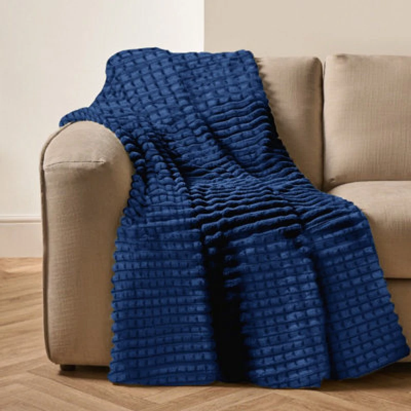 Image of Velosso Elegant Waffle Style Ribbed Thermal Plush Throw - Cosy Winter Embossed Fur Blanket For Sofa, Bed - 200Cm X 240Cm - Navy