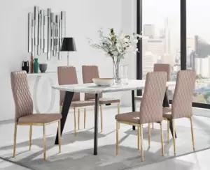 Image of Andria Marble Effect Dining Table With Black Legs & 6 Milan Faux Leather Gold Leg Chairs