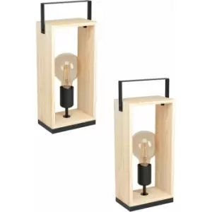 Image of 2 pack Table Lamp Desk Light Black & Natural Steel & Wood Box 1x 40W E27