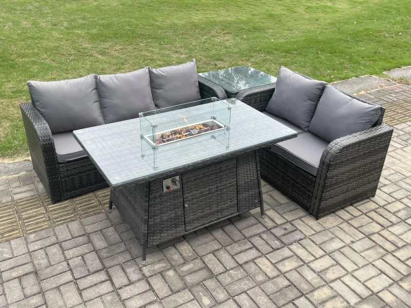 Image of Fimous Rattan Garden Furniture Set with Gas Fire Pit Table,Side Table 4 Pieces Outdoor Lounge Sofa Set Dark Grey Mixed Dark Grey