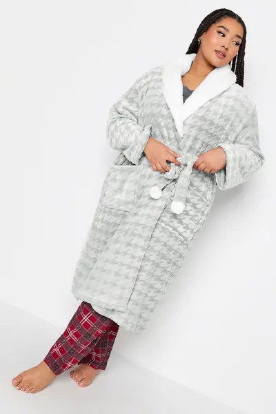Image of Yours Houndstooth Contrast Shawl Collar Robe - Grey, Size 30-32, Women