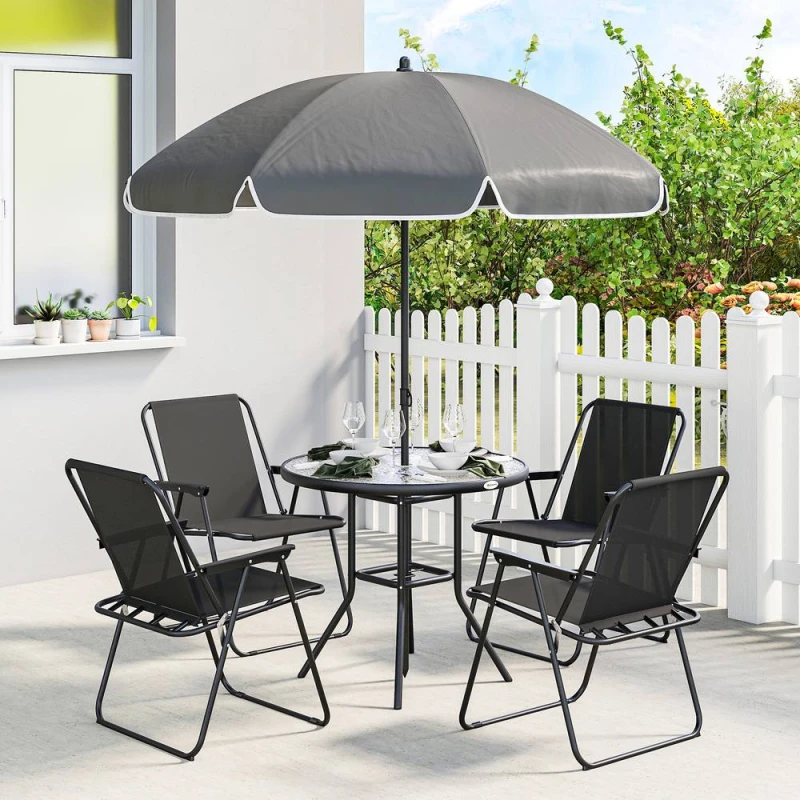 Image of OUTSUNNY 6 Pieces Garden Furniture Set with Parasol, Folding Chairs, Black Size: 80cm x 80cm Black Unisex 80cm x 80 cm