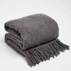 Image of Highams Teased Wool Knit Tassel Fleece Blanket Throw Charcoal 125 X 150Cm