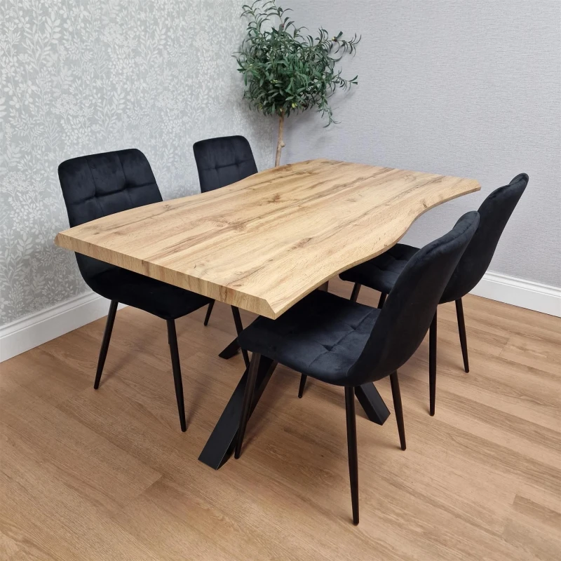 Image of Kosy Koala Dining Set Of Brown Table With Iron Legs And 4 Black Velvet Chairs, Multi DK140+4BKROCO