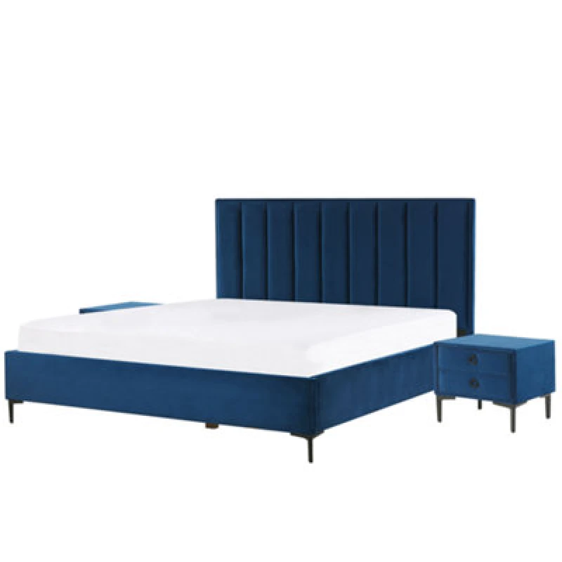 Image of Beliani Bedroom Set Velvet Sezanne 180 X 200 Cm (Eu Super King) Navy Blue