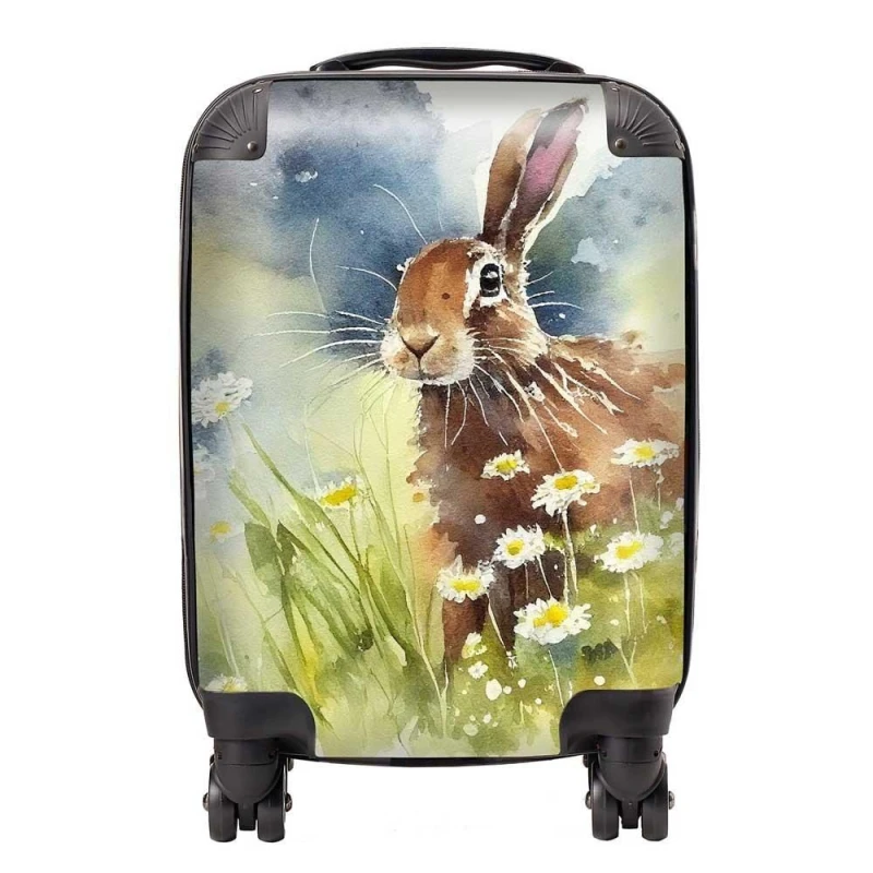 Image of Warren Reed - Designer Hare & Daisies Watercolour Suitcase in Brown Size: Small Brown Unisex Small