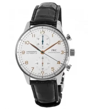 Image of IWC Portugieser Automatic Chronograph Silver Dial Gold Markers Leather Strap Mens Watch IW371604 IW371604