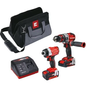 Image of Einhell Power-X-Change 18V Cordless Brushless Hammer Drill & Impact Driver Twin Pack with Batteries and Tool Bag