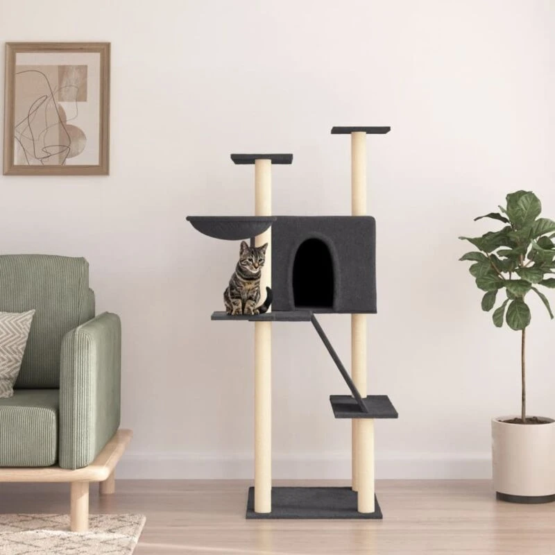 Image of vidaXL Cat Tree w/ Sisal Scratching Posts Dark Grey 143cm, Grey 171731