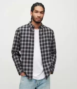 Image of AllSaints Mens Linto Check Ramskull Shirt, Smoke Grey, Size: S