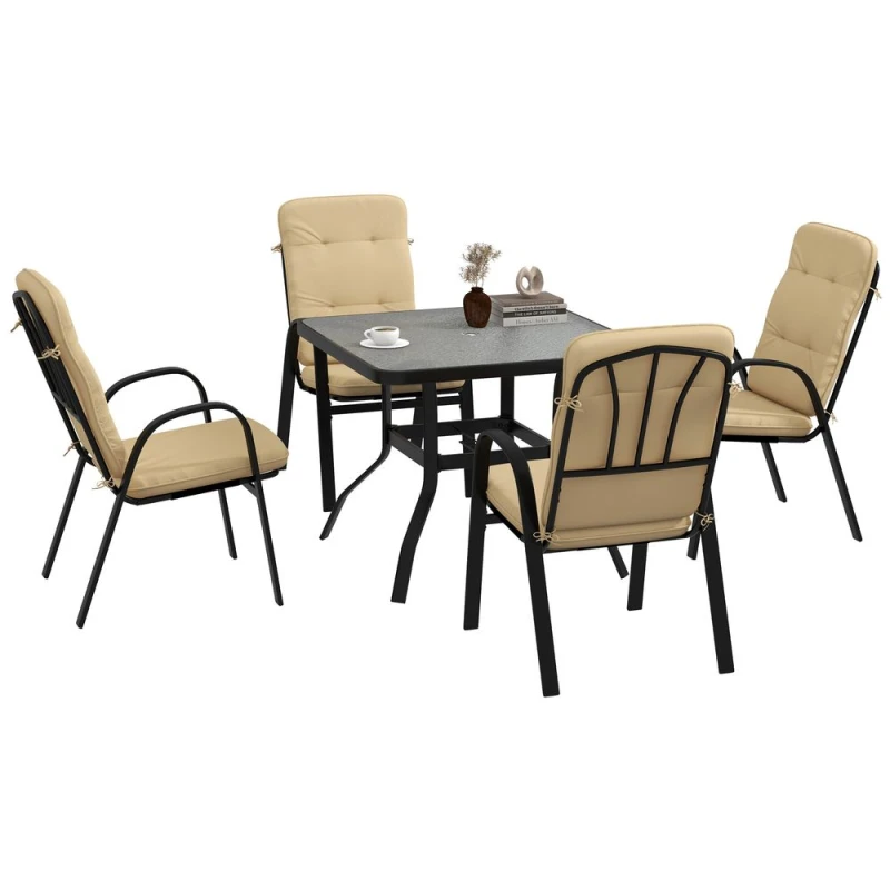 Image of Outsunny Outsunny - Garden Dining Set, Glass Table w/ Umbrella Hole Beige 5056725384920