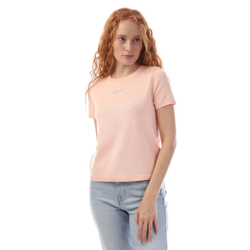 Image of DKNY Short Sleeve Rhinestone Knit Sweater Peach female L