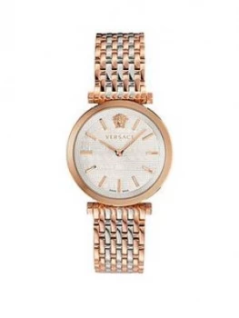 Image of Versace Twist Mother Of Pearl And Rose Gold Detail Dial Two Tone Stainless Steel Bracelet Ladies Watch