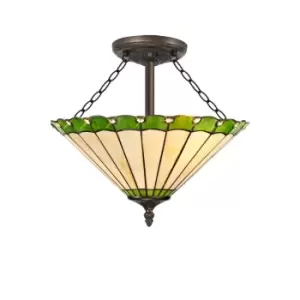 Image of 3 Light Semi Flush Ceiling E27 With 40cm Tiffany Shade, Green, Crystal, Aged Antique Brass
