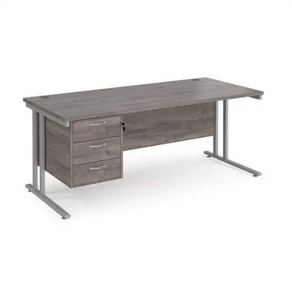 Image of Maestro 25 straight desk 1800mm x 800mm with 3 drawer pedestal - silver cantilever leg frame, grey oak top