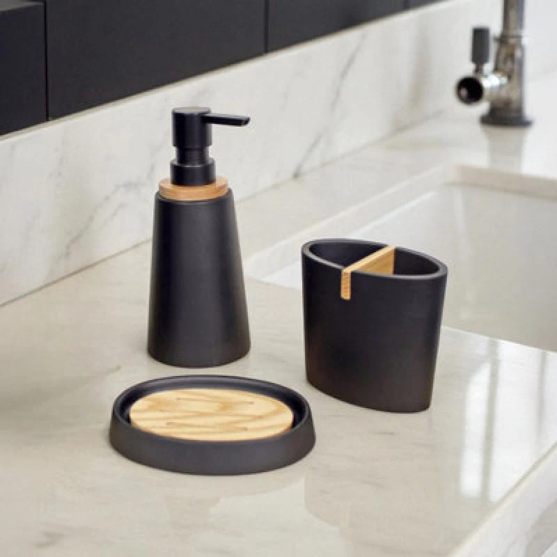 Image of Showerdrape Sonata Black & Bamboo 3 Piece Bathroom Accessory Set