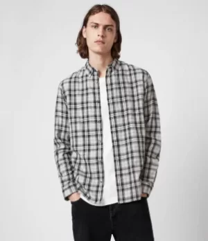 Image of AllSaints Mens Kelross Shirt, Grey Marl, Size: S