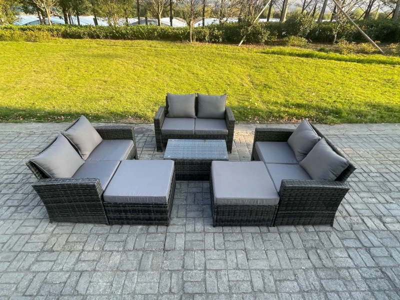 Image of Fimous Rattan Garden Furniture Set 8 Seater Patio Outdoor Lounge Sofa Set with Rectangular Coffee Table 2 Big Footstool Dark Grey Mixed Dark Grey Unis