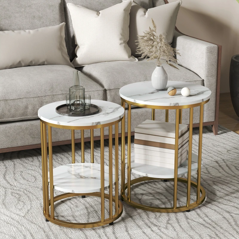 Image of HOMCOM Marble-Effect Round Coffee Table Set of 2 for Living Room, Gold Tone Gold