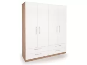 Image of Harmony Hyde White and Oak 4 Door 4 Drawer Large Wardrobe Flat Packed