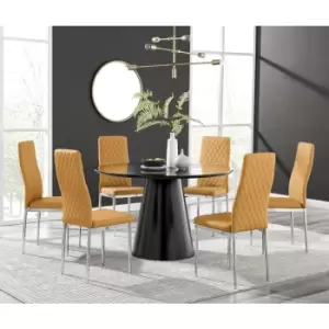 Image of Furniturebox Palma Black Semi Gloss 120cm Round Minimalist Dining Table & 6 Mustard Milan Chrome Leg Chairs