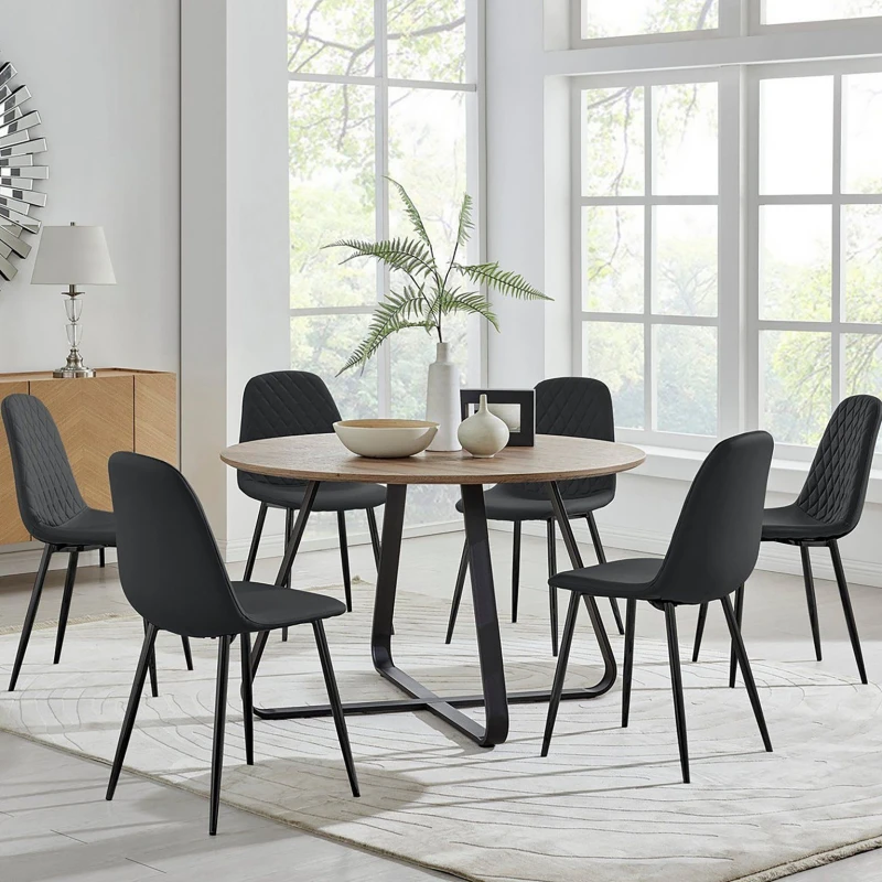 Image of FurnitureboxUK FurnitureboxUK Santorini Brown Round Dining Table And 6 Pesaro Black Leg Chairs Black One Size Unisex 5056542640230