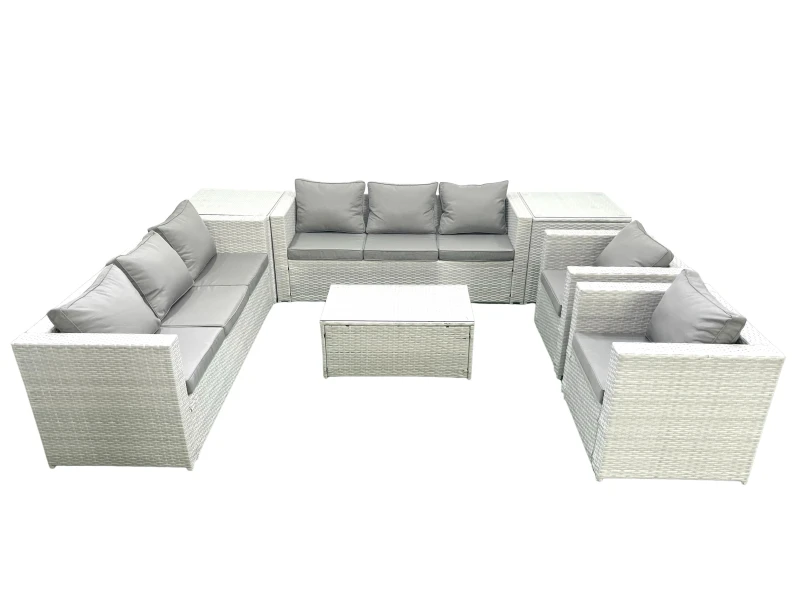 Image of Fimous Outdoor Rattan Sofa Garden Furniture Set with 2 Armchairs Oblong Coffee Table 2 Side Tables Light Grey Mixed Light Grey