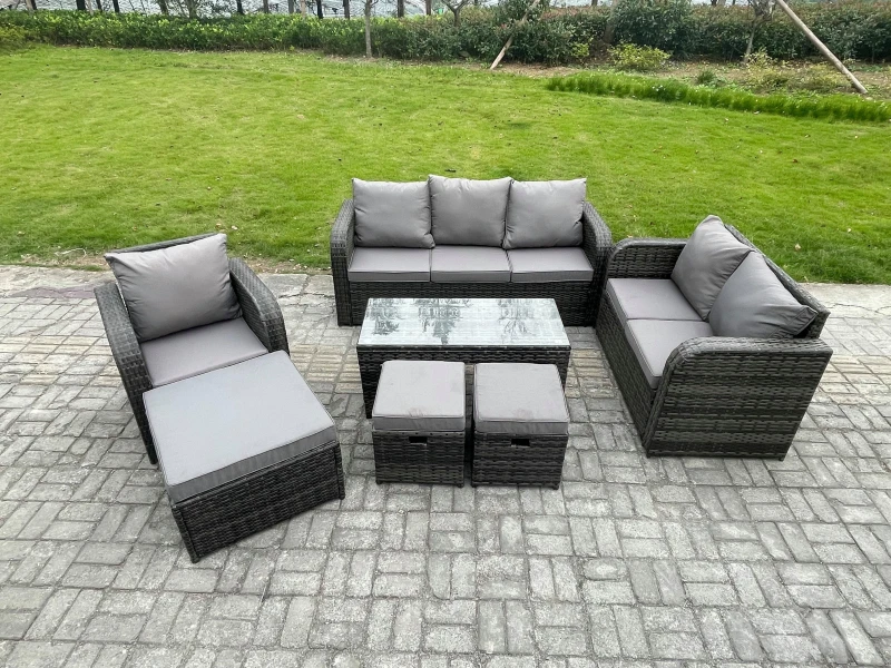 Image of Fimous 9 Seater High Back Rattan Garden Furniture Set with Loveseat Sofa Rectangular Coffee Table 3 Footstools Indoor Outdoor Patio Lounge Sofa Set Da