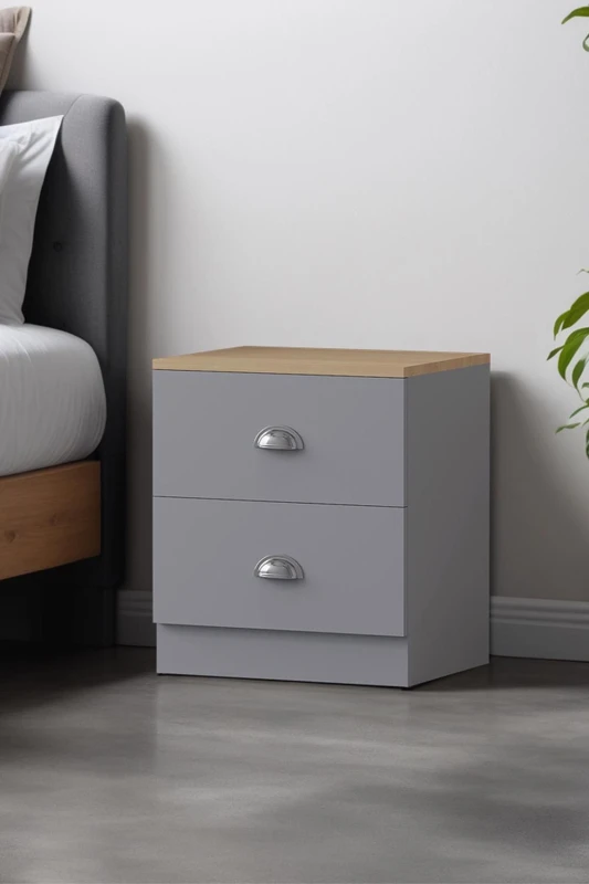 Image of FWStyle FWStyle 2 Drawer Bedside Chest Matt Grey Oak Top Bedroom Furniture Grey One Size Unisex 5056413127457