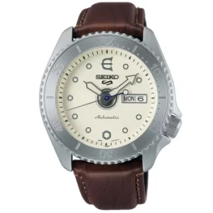 Image of Seiko 5 Sports Evisen Skateboard Limited Edition Automatic Silver Dial Leather Strap Mens Watch SRPF93K1