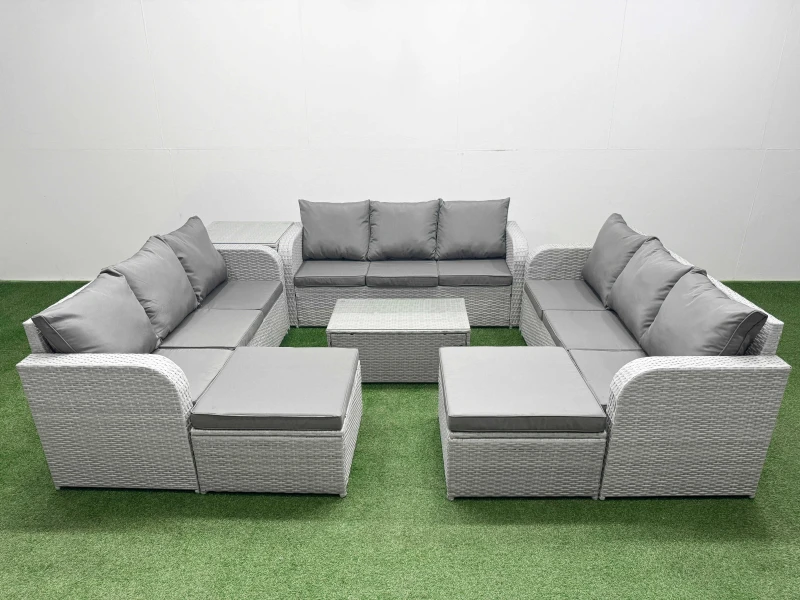 Image of Fimous PE Rattan Lounge Sofa Set 11 Seater Outdoor Garden Furniture Set with Rectangular Coffee Table 3 Seater Sofa 2 Big Footstools Side Table Light