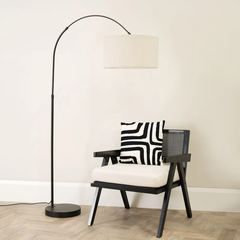 Image of ValueLights Louis Black Arched Curved Floor Lamp with Boucle Drum Lamp Shade Cream