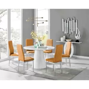 Image of Furniture Box Palma White High Gloss Round Dining Table and 6 Mustard Milan Chrome Leg Chairs